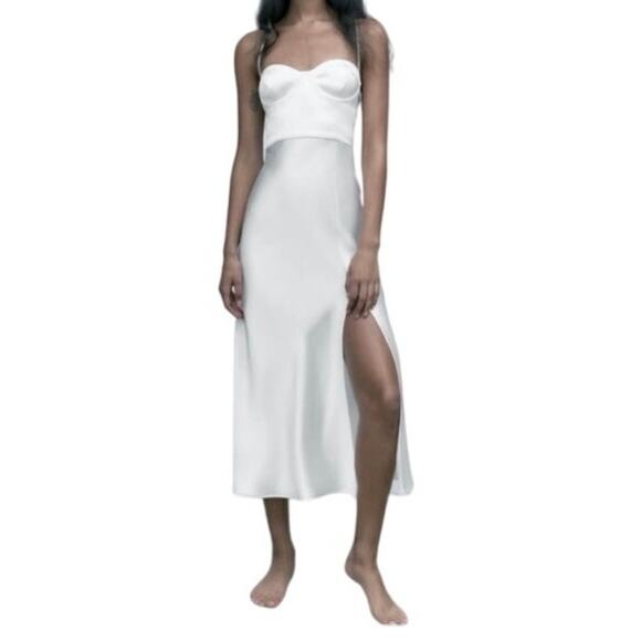 Zara White Satin Sweetheart Neckline Midi Dress Lace Up Back Adjustable Sz Small - Picture 1 of 9